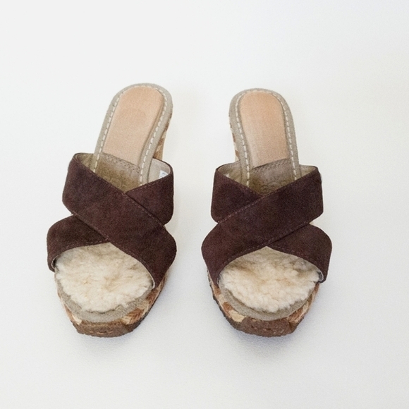 UGG Margot Brown Leather Shearling Wedge Espadrille Slip On Sandals - Picture 3 of 13